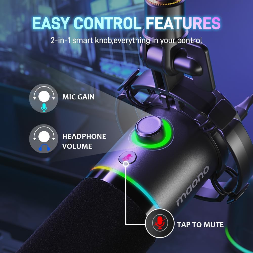 MAONO PD200X 的操控功能簡單易用，包括增益旋鈕、耳機音量旋鈕和靜音按鈕。